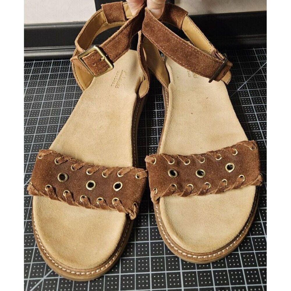 Clarks artisan women US 10M suede studded ankle strap sandals brown